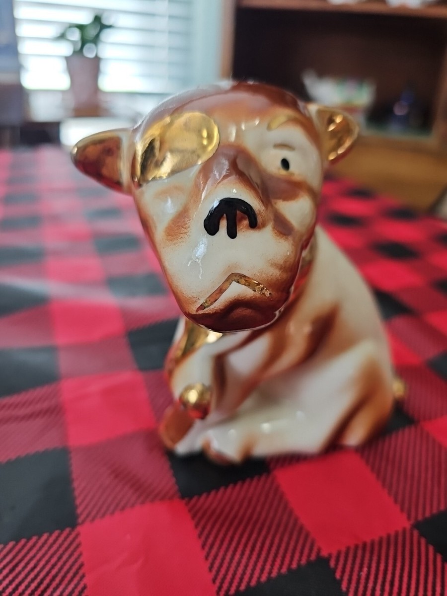 Vtg Ceramic English Bull Terrier Dog Brown White with Gold eye