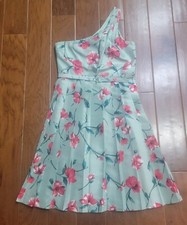 Express One Shoulder Asymmetrical Pleated Belted Floral Midi Dress Green Size 10