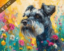 Miniature Schnauzer dog painting in a vibrant spring mea 8x10 Print 