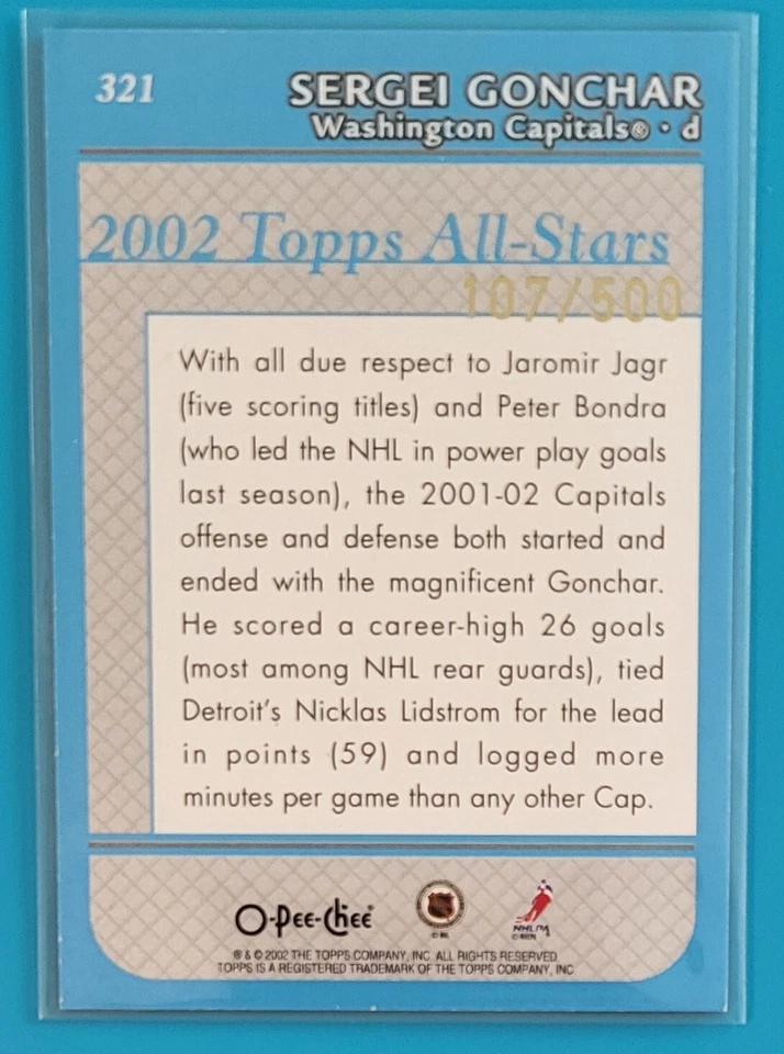 2002-03 O-Pee-Chee Topps All-Stars Blue Line #321 Sergei Gonchar Capitals Hockey - Image 2 of 2