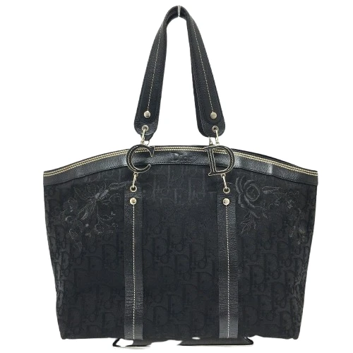 Sac fourre tout Christian Dior trotteur broderie fleurs toile noire cuir aimanté