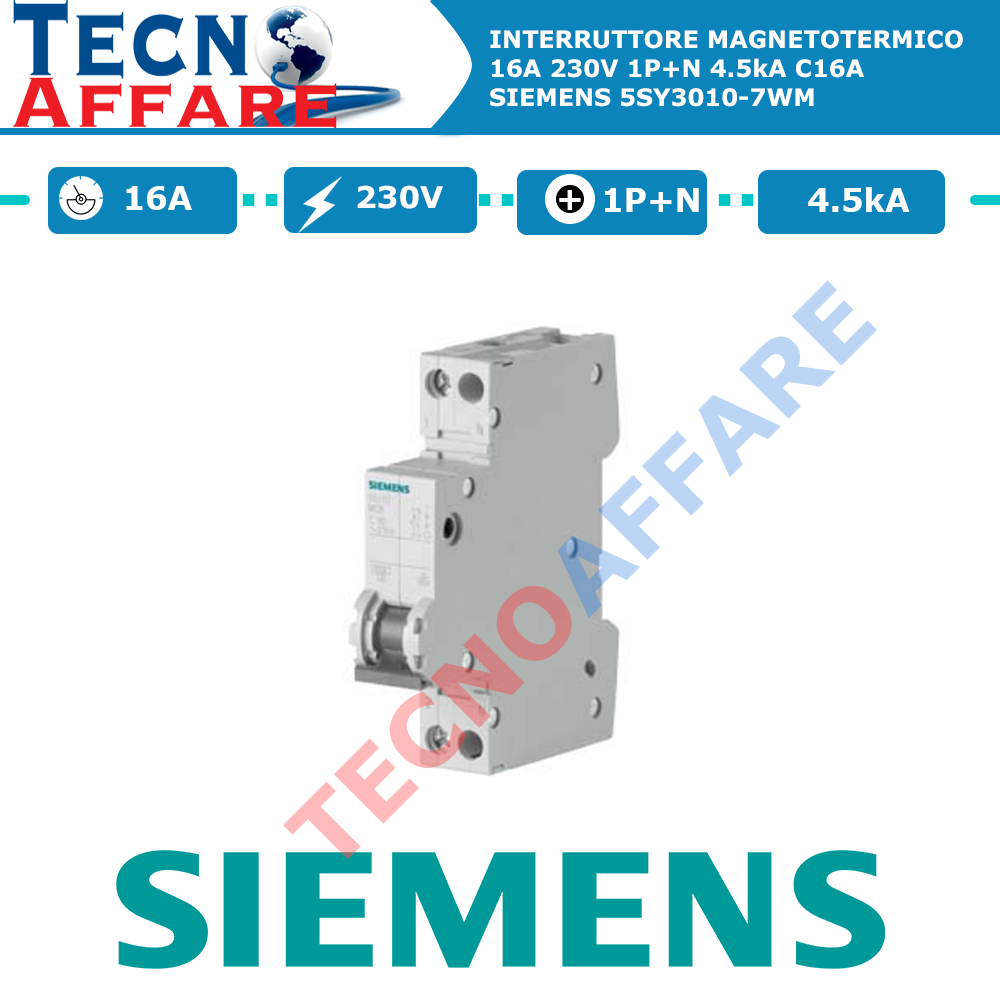 Interruttore Magnetotermico 16A 230V 1P+N 4.5kA Siemens 5SY3016-7WM