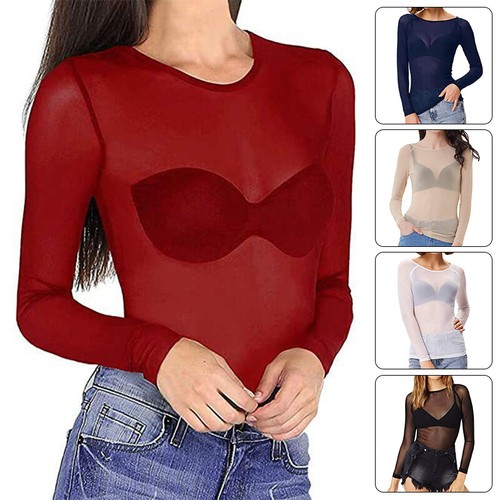 Camiseta blusa camiseta corta de verano de manga larga transparente de malla transparente para mujer - Imagen 3 de 16
