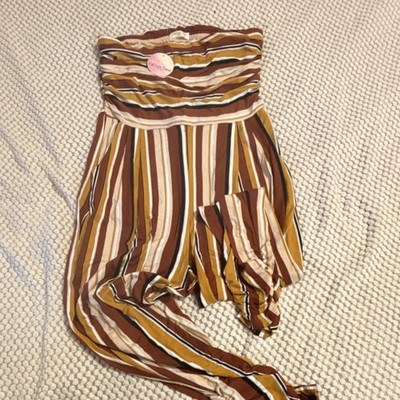 Full Circle Trends Plus Size Striped Sleeveless Jumpsuit 2X Brown Mustard