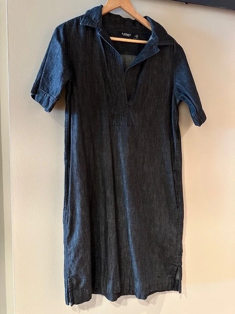 Ralph Lauren Denim Shift Johnny Collar Shirt Dress Medium Short Sleeve  - Image 2 of 3