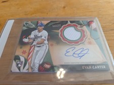2024 Topps Holiday Evan Carter Auto Relic Player Worn Rangers RC /50