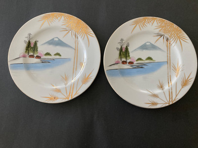 Vintage Kutani Japan China Dinner Plate Mt Fuji and Gold Bamboo PAIR