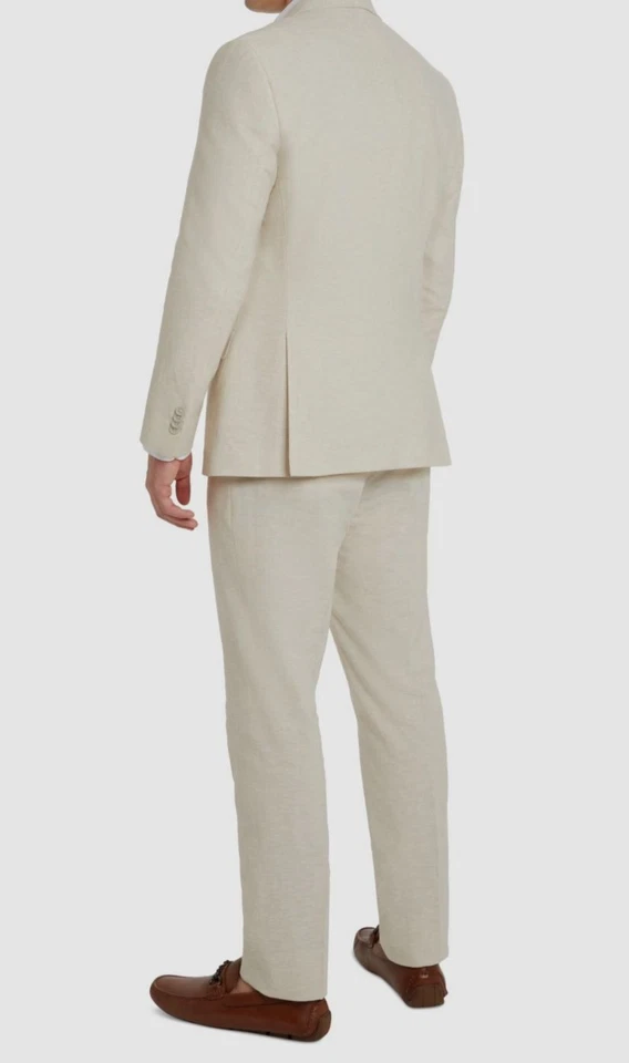 Kenneth Cole Reaction Men Beige Slim Linen 2-Pc Jacket Pants Suit Sz 36S 29W 32L - Image 2 of 4