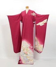 Vintage Silk Furisode Kimono: Red Yuzen Floral Japanese Bridal Robe / 2603313