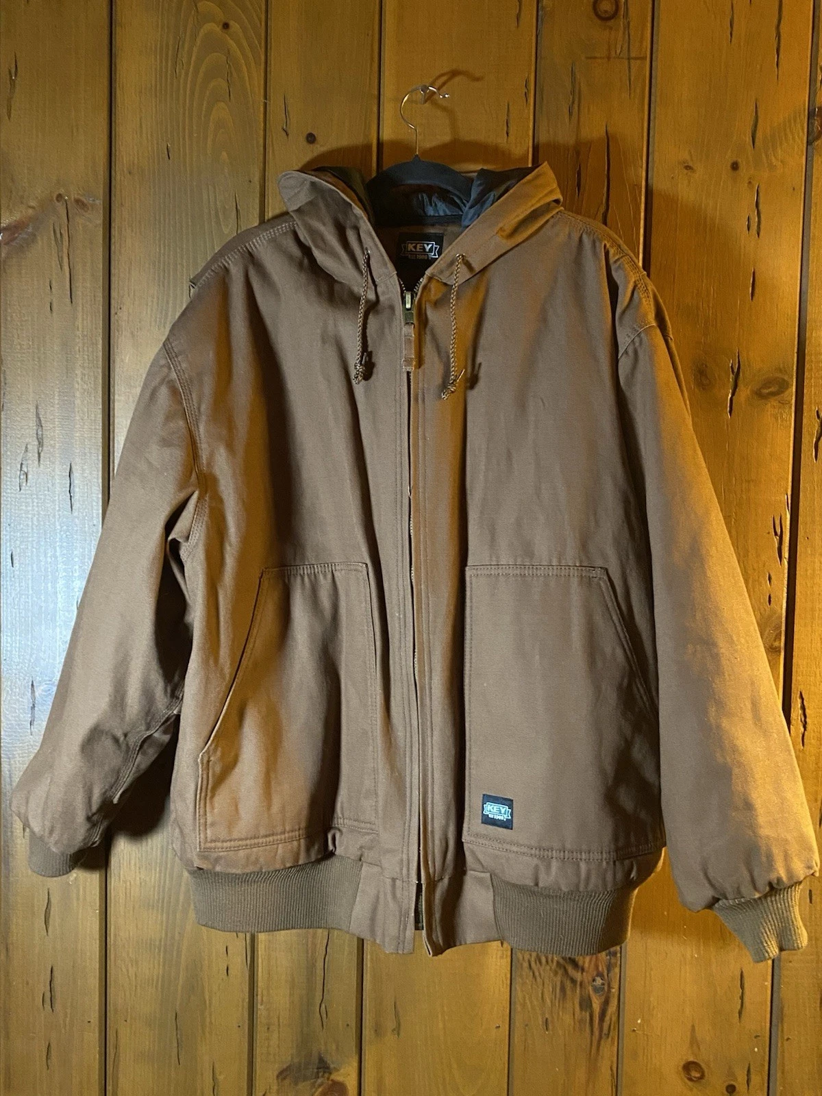 Key Est Insulated Hooded Duck Canvas Work Jacket Brown Quilted Lined 2XL