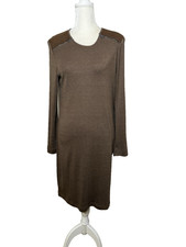 LRL Ralph Lauren Stretch Knit Dress Size L Brown Long Sleeves Faux Suede Zippers