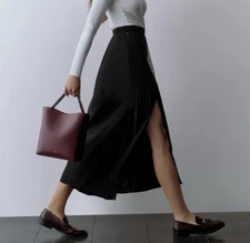 Cuyana Black 100% Silk Asymmetrical A-Line Midi Skirt Elastic Waist Size S NWOT