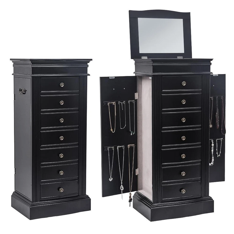 Wood Jewelry Cabinet Armoire Box Large Storage Space Chest Stand Holder Black