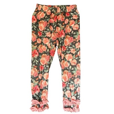 Youth Girls Leggings 3-4Y Dark Grey Pink Floral Ruffle Stretch Roses BOHO