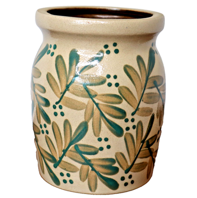 #ad vtg BBP Beaumont Brothers Pottery salt glazed Crock Jar Green Leaves 5.5quot; prim $24.64
