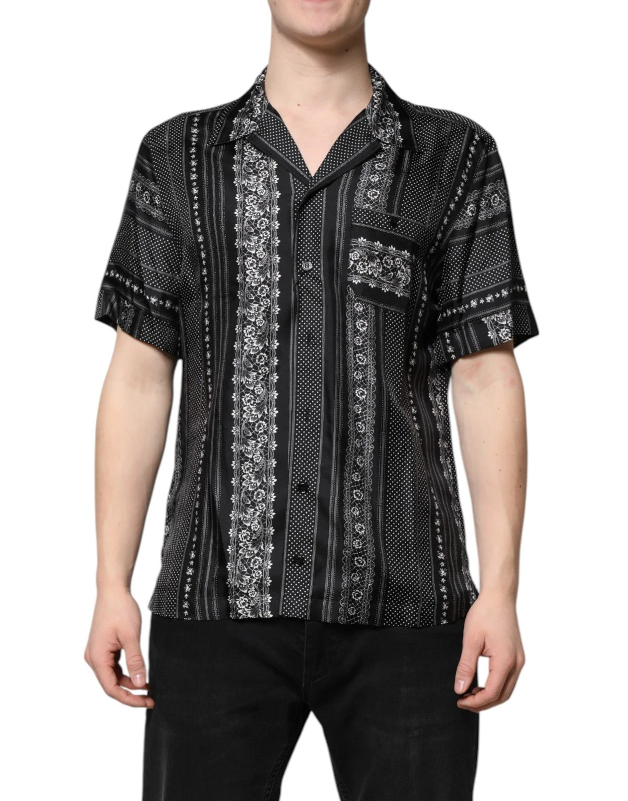 Dolce & Gabbana Black Silk Floral Print Short Sleeves Men's Shirt