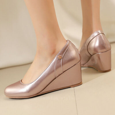 Womens Slip on Pumps High Wedge Heel Shoes Round Toe Patent Leather  Ladies