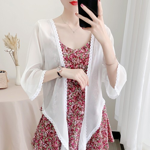 Women Chiffon Blouse Lace Shrug Bolero Crop Top Cardigan Tie-front Beach - Picture 3 of 8