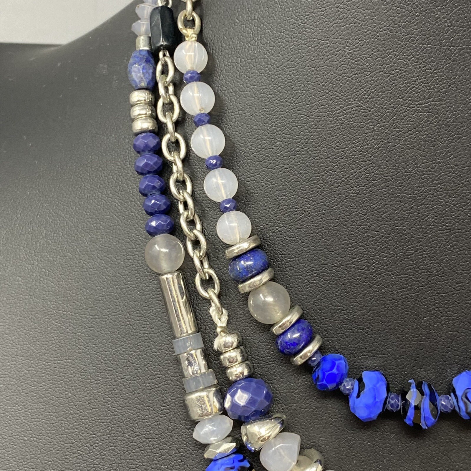 Statement Necklace Blue Cloudy White Gemstone Bea… - image 8