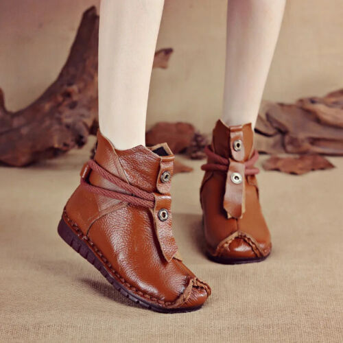 Autumn Winter Flat Snow Shoes Vintage Women Boots Soft Leather Ankle Footwear - Picture 1 of 30