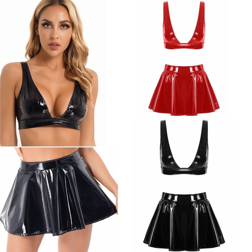 Agoky Women's Party Club Outfit Sexy Patent Leather Deep V-Neck Top Mini Skirt