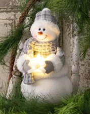 NEW Primitive Farmhouse SNOWMAN Holding CANDLE Figure Winter Cloth 10"Hx5"Wx5"D