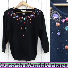 Vtg 80s ANGORA SILK RHINESTONE BLING SWEATER black COLORFUL DANCE PARTY GLAM M