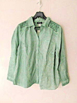 Oil Wash, Sea Green Pure Cotton Casual Summer Shirt with Lace Shoulder Panels