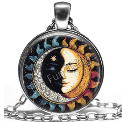 Celestial Sun & Moon Art Print Necklace 24'' Balance By Day & Night