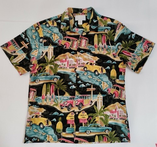 RJC Hawaiian Shirt Men's Large Woody Surfer Boards Classic Cars Woody
