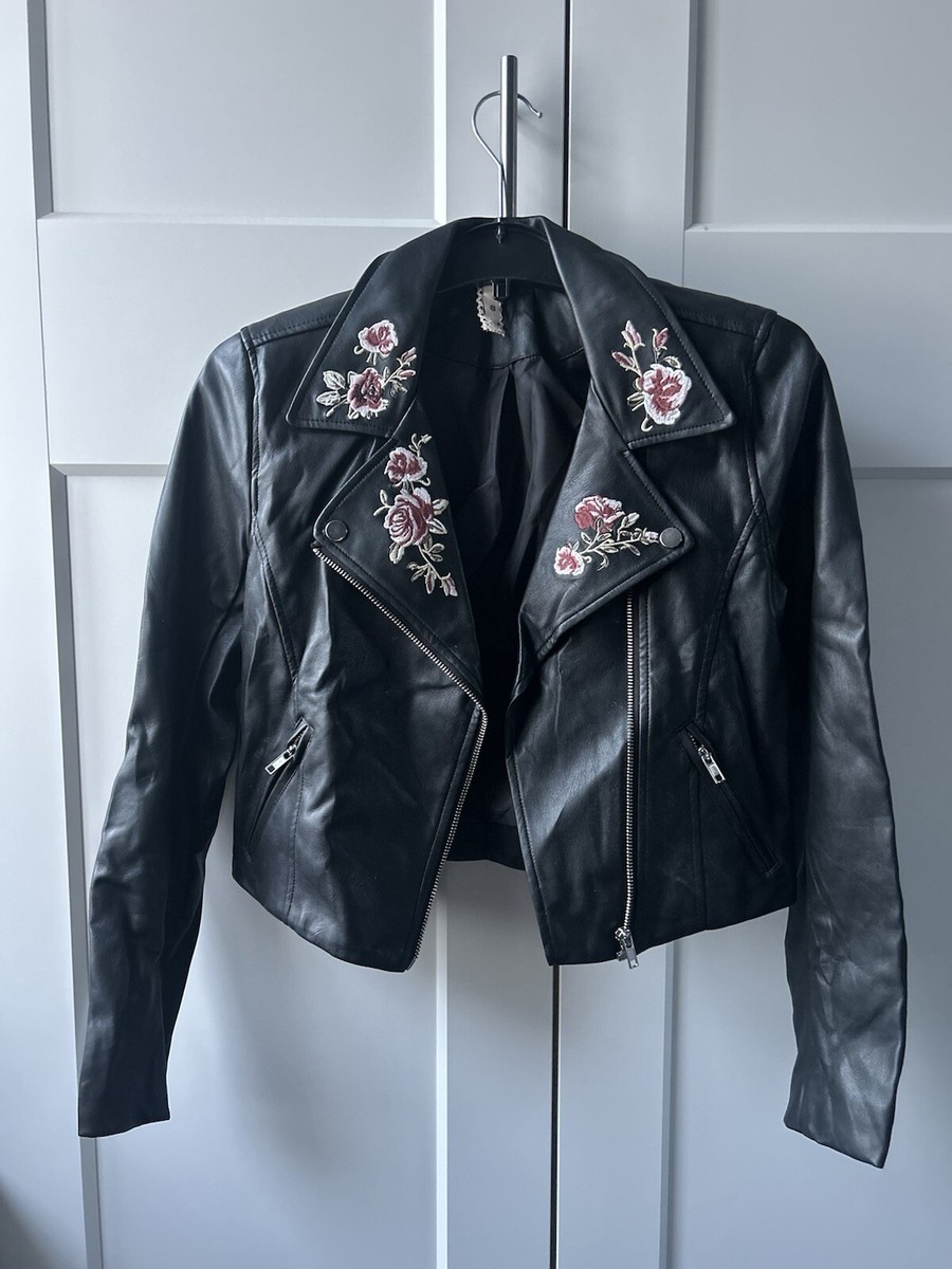 H&M Faux Leather Cropped Jacket With Floral Detail UK