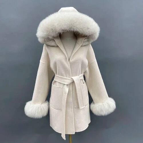 OFF WHITE Cappotto lana con polsino collo vera pelliccia donna cintura cappotti cashmere caldo con cappuccio