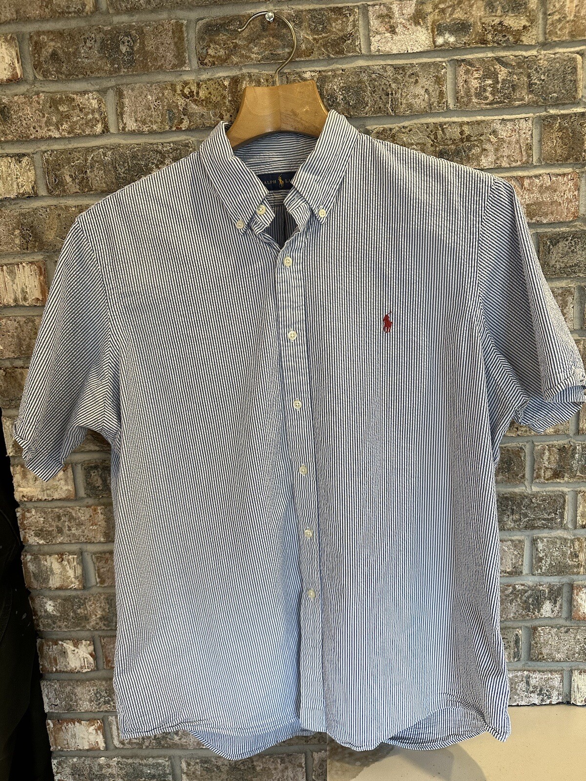 PONY Polo Ralph Lauren Seersucker camicia manica corta uomo XL blu a righe etichetta piqué