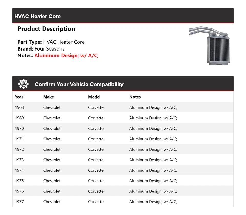 Для 1968-1977 Chevrolet Corvette HVAC обогреватель сердечник 4 сезона 1969 1970 1971 1972 - Изображение 2 из 4