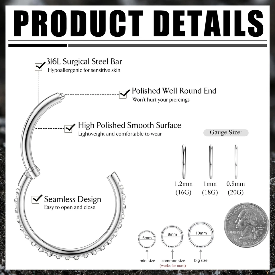 FASACCO 20G 18G 16G Cartilage Hoop Earring 316L Surgical Steel Silver Huggie ... - Image 2 of 4