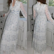1970s Prairie Cottage Core Blue Floral Maxi Dress