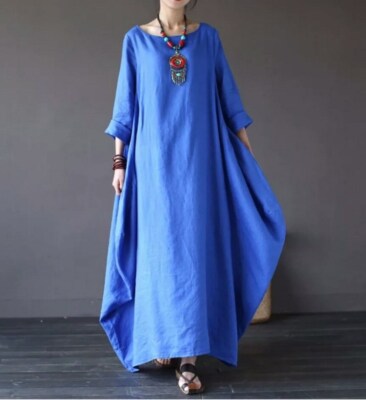 Women's Kaftan Batwing Loose Long Maxi Shirt Dress Linen Cotton Robes Tops  Gown | eBay