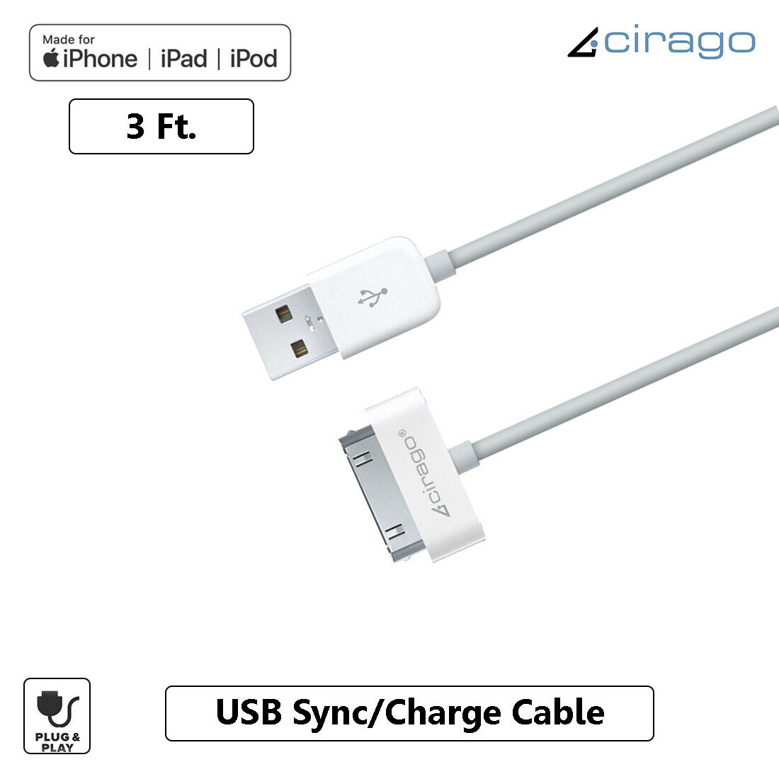 Cirago 3Ft USB Sync Charge Cable for Galaxy Tab | Note | iPad | iPhone | iPod