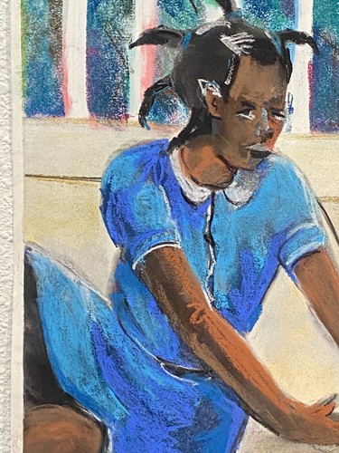 Quadro acquerello pastello originale arte popolare bambini che giocano afroamericano - Foto 4 di 15