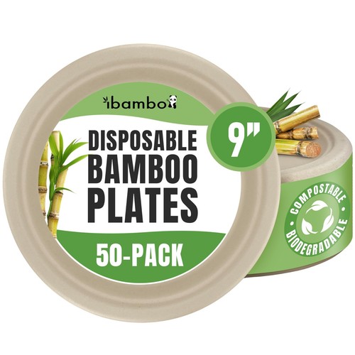 Paper Bamboo Plates Disposable (50-Pack, 9-inch) | Sturdy & Microwave Safe | ...