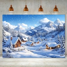 1pc Cozy Winter Christmas Village Snowy Mountain Scene Backdrop - Durable Poly