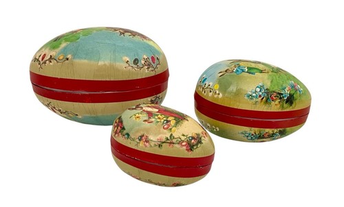 3 Vtg Nesting Papier-Mâché Easter Eggs Rabbits Chickens W. Germany/ Germany - Picture 4 of 9