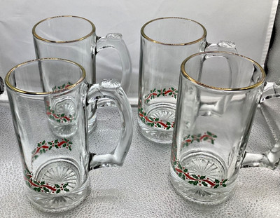 4 Vintage Arby s Christmas Holiday Holly Berry Beer 12oz Stein Mug Glass g4