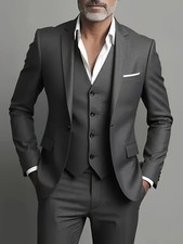 Mens 3 Piece Tweed Suit Dark Grey Plaid Slim Fit Jacket Waistcoat Trousers Set