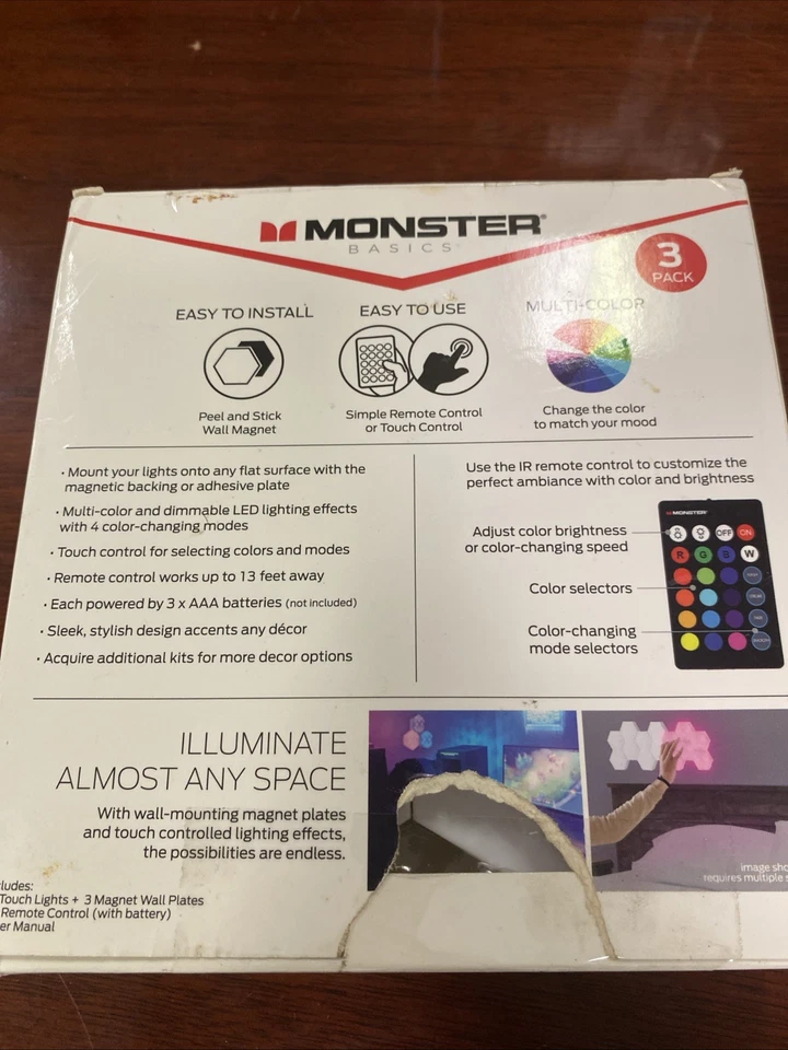 Monster Multi-Color LED Touch Light IR Hexalights 3PC with Magnet Wall Mount NEW - Image 2 of 2