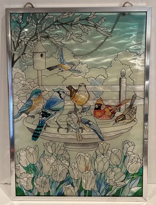 Handpainted Amia Denver JUDY MIZELL Stained Glass Suncatcher Bird Bath 16 X 11.5