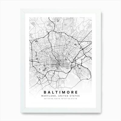 Baltimore Maryland USA weiße Karte Ar gerahmtes Wandbild Poster Leinwanddruck Bild