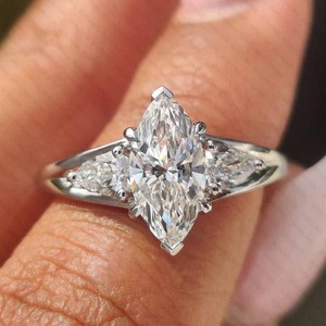 Authentic 2.50CT Marquise Cut Moissanite Three Stone Engagement Ring 14K White Gold Plated