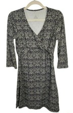 prAna Faux Wrap Twist Front V Neck Black and Gray Dress Women's Size S