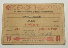 Boy Scout OA Membership Card Lodge 252 Siwinis California  1981 RC6